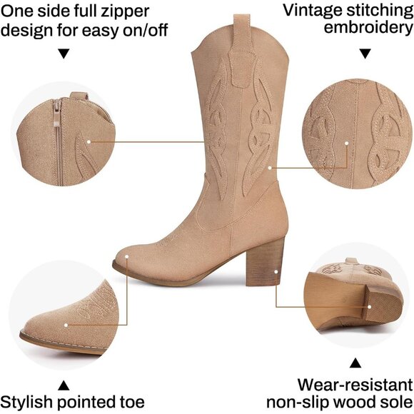 🆕Women 1828-apricot Suede leather Embroidered Country Heel Pointed Toe Booties - Picture 6 of 8